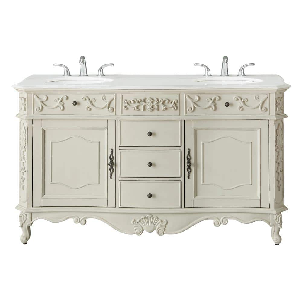 Home Decorators Collection Winslow 60 In W X 22 In D Bath Vanity In Antique White With Vanity Top In White Marble With White Basins Bf 27004 Aw The Home Depot