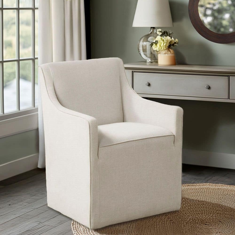 Cream Upholstered High Back Dining Arm Chair with Casters