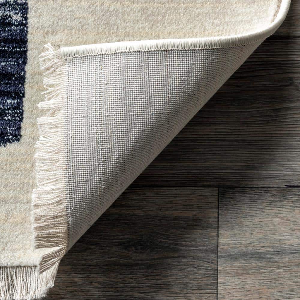 Beige Abstract Synthetic Washable Area Rug with Fringe