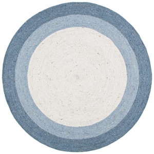 Braided Ivory/Blue 4 ft. x 4 ft. Round Solid Area Rug