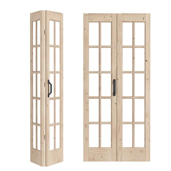 60 in. x 84 in. 1 Lite Pre Assembled Clear Glass Solid Core Wood Brown Bi-Fold Door with Hardware