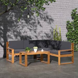 3-Piece Acacia Wood Outdoor Bench Sectional Set with Wooden Table with Gray Cushions
