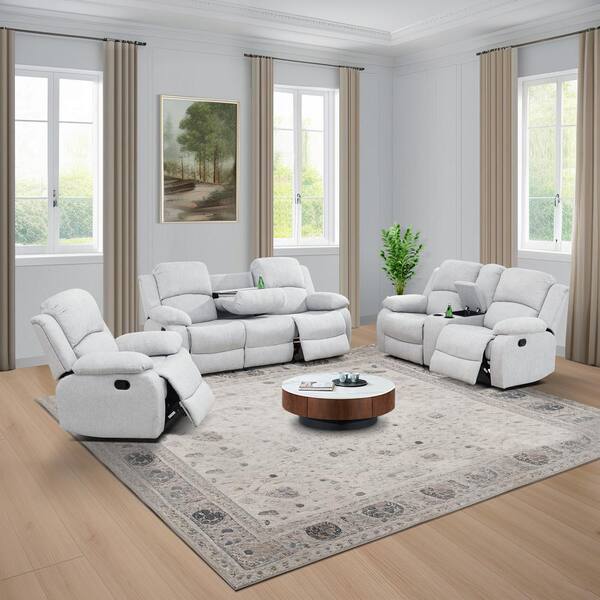 AndMakers 73.5 in. W Pillow Top Arm Linen Blend Rectangle Reclining Sofa in Light Gray