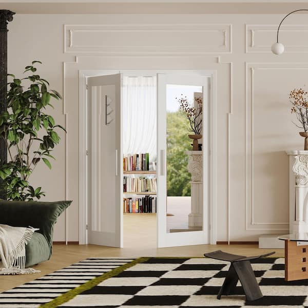 60 in. x 80 in. Solid Wood & MDF, Full Lite, Mirrored Glass, White Primed, Pantry Door, Interior Door Slab W/ Ball Catch