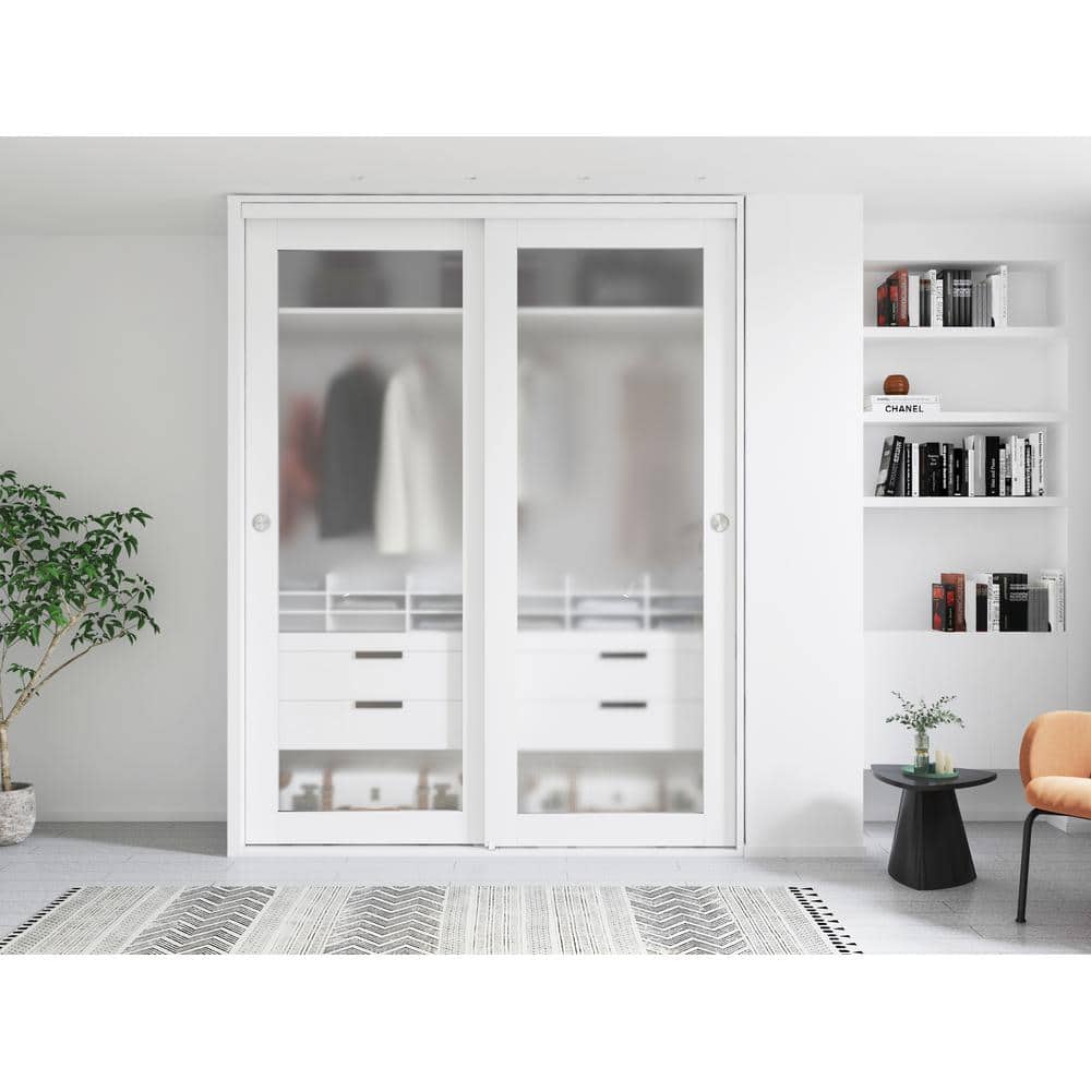 White Frosted Glass Sliding Bypass Closet Door with Hardware Kit