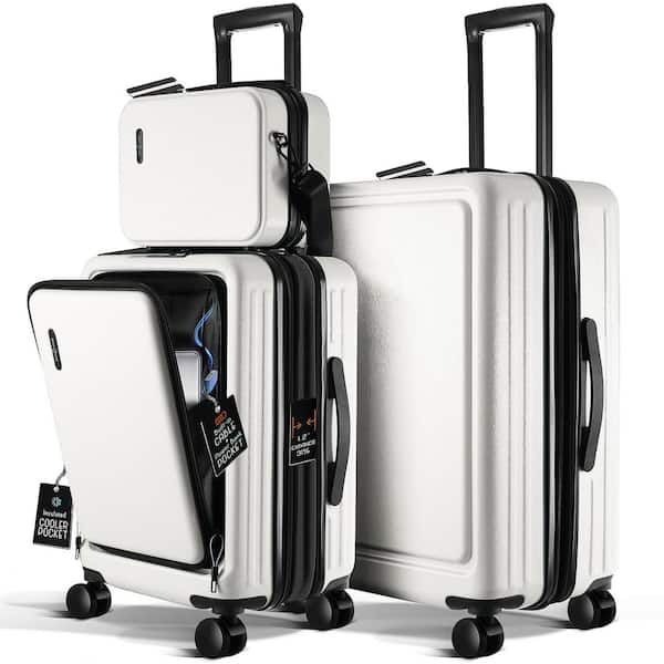 3-Piece White Hard Carry-On Weekender Luggage Set Expandable Spinner Airline Approved Suitcase Exterior USB port