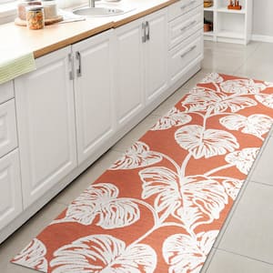 Tobago High-Low Two-Tone Monstera Leaf Orange/Ivory 2 ft. x 8 ft. Indoor/Outdoor Area Rug