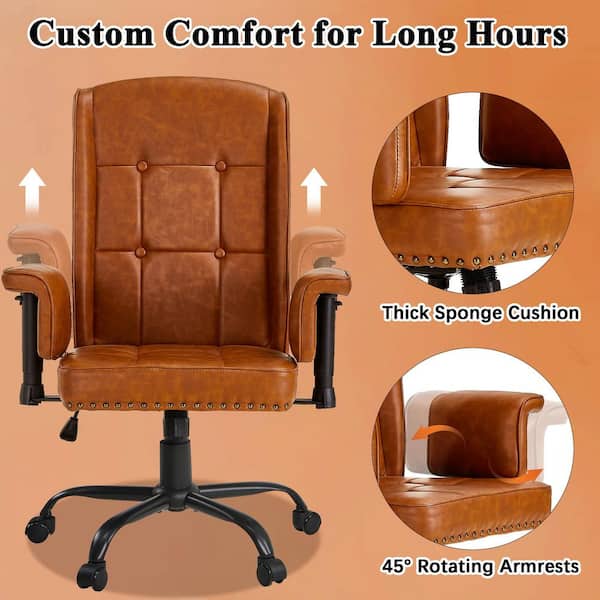 High Back PU Leather Office Chair with Adjustable Armrests and Tilt - Ergonomic Swivel Desk Chair, Brown Style 3