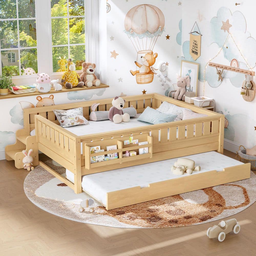 Light Natural Brown Wood Frame Queen Size Platform Bed with Built-in Bookshelves,Staircase and Trundle
