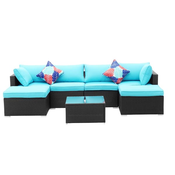 Jushua 7-Piece Rattan Patio Conversation Set with Blue Cushions