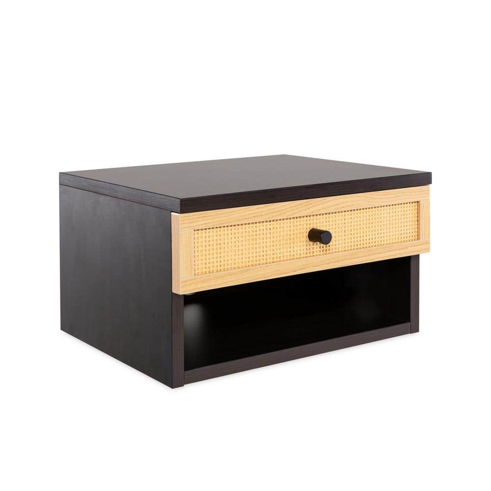 Celerie Black and Light Oak Floating Nightstand with Rattan Drawer