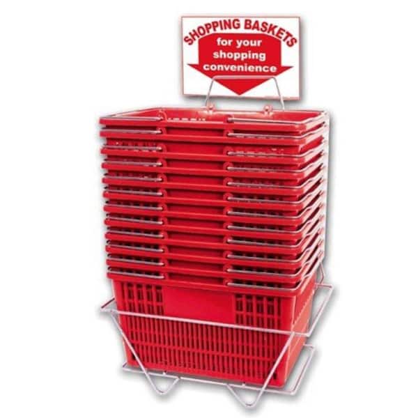 Only Hangers Durable Plastic Shopping Basket in Red with Sign and Stand (Set of 12)