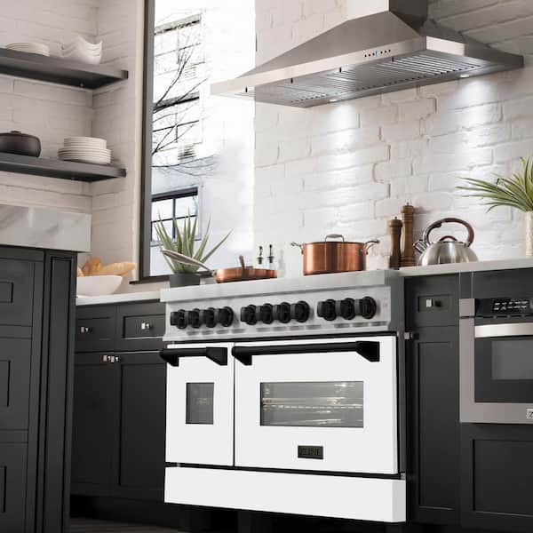 Autograph 48 in. Legacy Dual Fuel Range with 7 Burners and 2 Ovens in Satin Steel with White and Black Accents