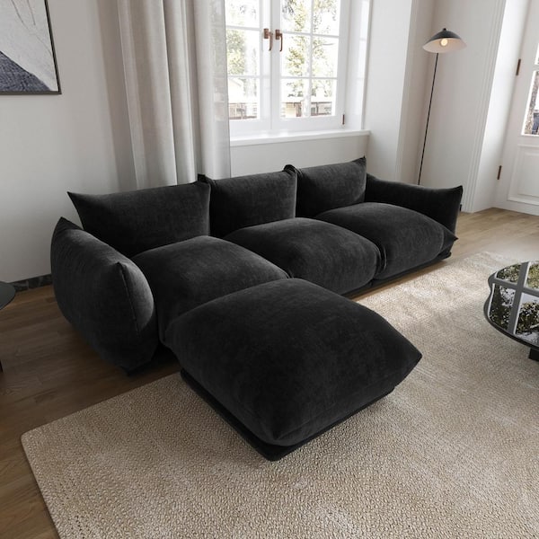 J&E Home 103.95 in. W Flared Arm 3-Piece Chenille L-Shaped Modern Free Combination Sectional Sofa with Ottoman in Black
