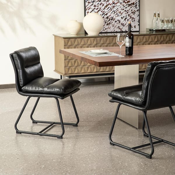 Mid-Century Modern Black Thick Leatherette Dining Chair with Metal Legs (Set of 2)