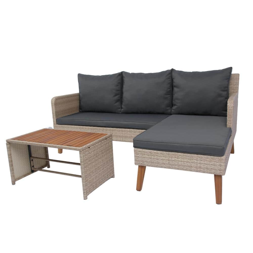 3-Piece Natural Yellow Wicker Rattan Outdoor Furniture Sofa Sectional Set w