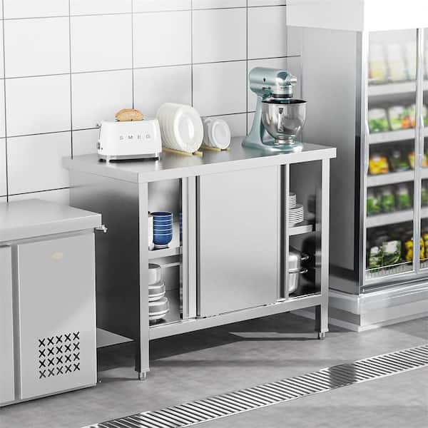 39 x 19 in. Silver Stainless Steel Kitchen Prep Table with Cabinet and 2 Sliding Doors