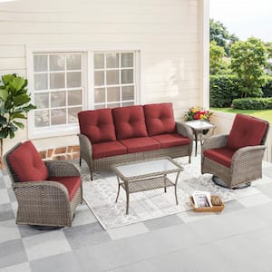 Carlos Gray 5-Piece Wicker Patio Conversation Sofa Set Outdoor Swivel Chair Set with Red Cushion Guard Cushions