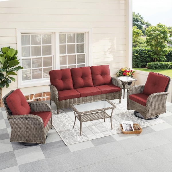 Gymojoy Carlos Gray 5-Piece Wicker Patio Conversation Sofa Set Outdoor Swivel Chair Set with Red Cushion Guard Cushions