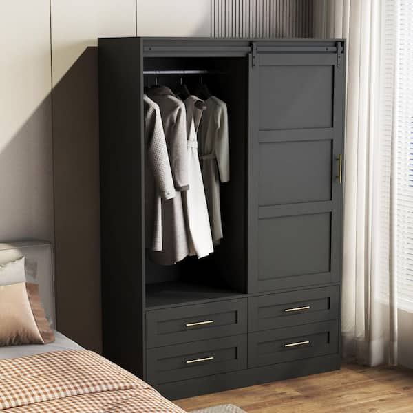 Mighty Black 70.86 in. Tall Bedroom Closet Clothing Storage Cabinet with Hanging Rod Barn Door, Drawers, Shelves