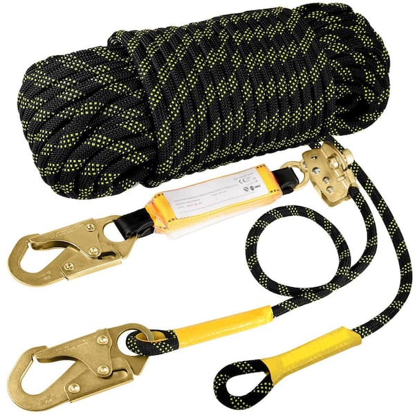 Unbranded 50 ft. Vertical Roofing Rope with Grab Snap Hooks Shock Absorber Fall Protection Climbing Line Roof Safety Equipment