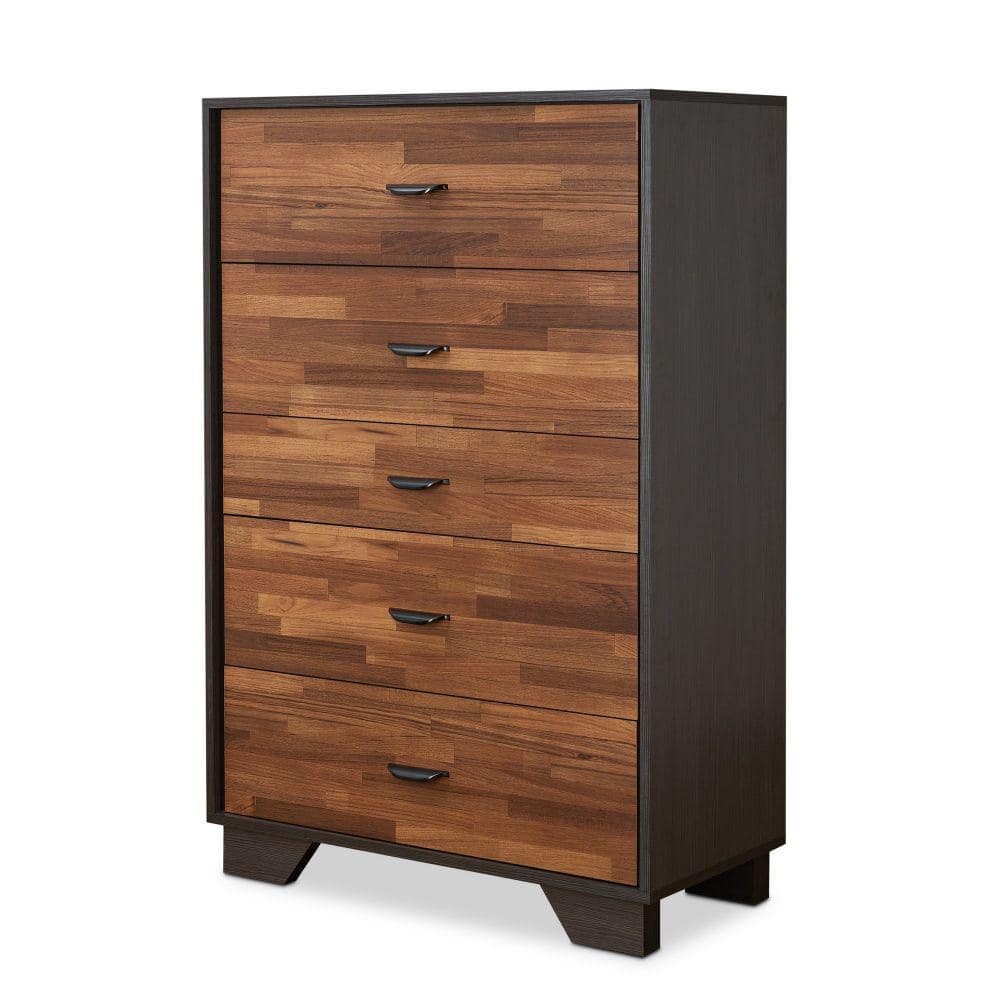 5-Drawer Walnut and Espresso Brown Wooden Chest 32 in. L x 16 in. W x 47 in. H -  Benjara, BM163644