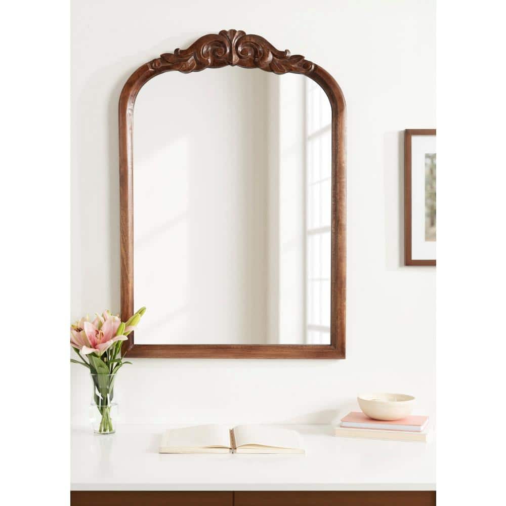 Walnut Brown Baroque-Inspired Wooden Arched Vanity Mirror 24x36