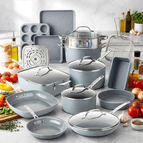 Ceraluxe 20-Piece Aluminum Ceramic Nonstick Cookware and Bakeware Set in Grey