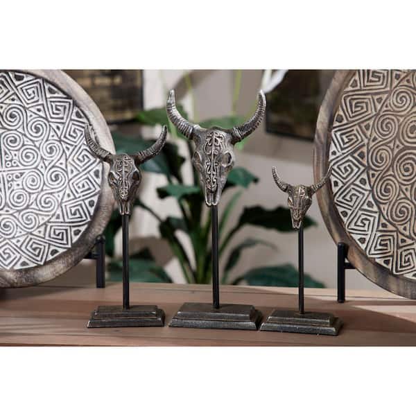Litton Lane Gray Metal Head Bull Sculpture (Set of 3)
