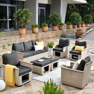 Aphrodite 7-Piece Wicker Outdoor Patio Conversation Seating Sofa Set with Black Cushions