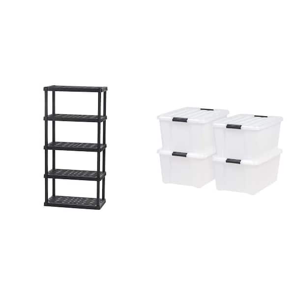 5-Tier Garage Shelving Unit, Black (18 in. x 74 in. x 36 in.) and 45 Qt. Storage Box, Pearl (4-Pack)