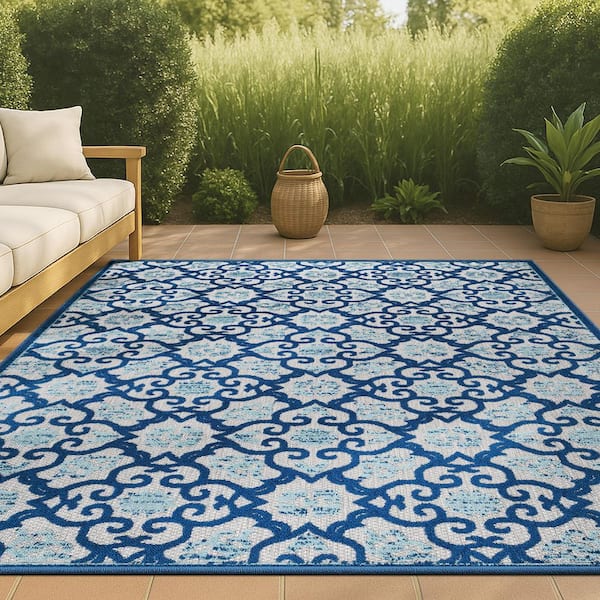 Gallia Tile Trellis High-Low Light Gray/Blue 3 ft. x 5 ft. Indoor/Outdoor Area Rug