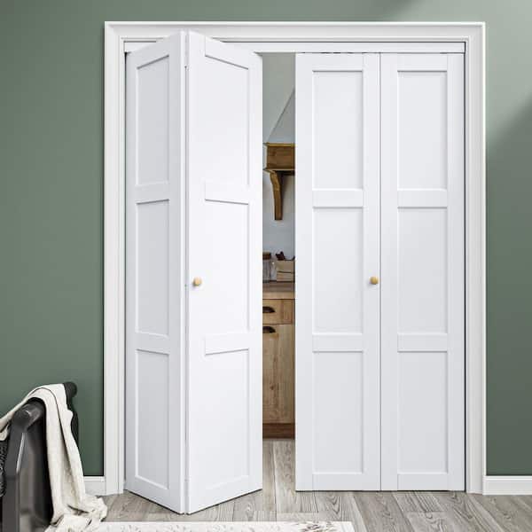 56 in. x 80 in. 3 Panel Solid Core White Primed Composite MDF Closet Bi-Fold Door with Hardware Kit for Closet