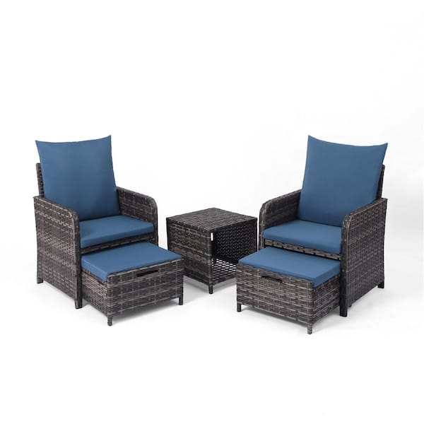 Uixe 5-Piece Outdoor Brown Rattan Wicker Patio Conversation Sofa Ottoman & Table Set with Blue Cushions