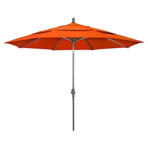 11 ft. Hammertone Grey Aluminum Market Patio Umbrella with Crank Lift in Melon Sunbrella