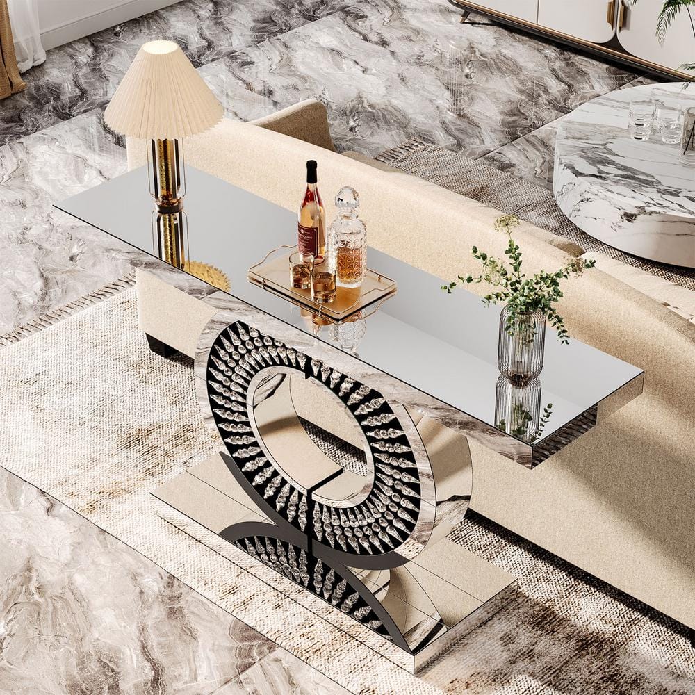 Luxurious Silver Mirrored Console Table with Crystal Inlays