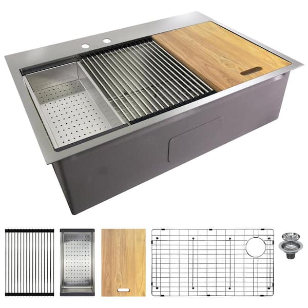 Workstation 33 in. Drop-in Single Bowl Stainless Steel 2-Hole Kitchen Sink with Accessories
