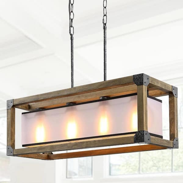 Unbranded 4-Light Open Cube Farmhouse Chandelier with Metal and Solid Wood Designs Iron Finish Rustic and Urban Blend