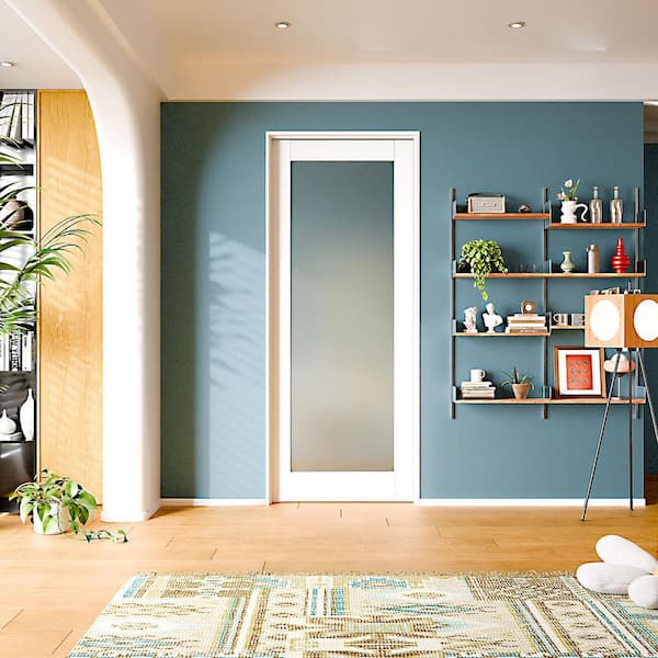 32 in. x 80 in. Left-Handed 1-Lite Frosted Glass White MDF Wood Prehung Interior Door with Door Jamb Hardware Kits