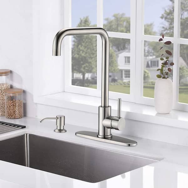 UPIKER Single Handle Deck Mount Standard Kitchen Faucet with Soap Dispenser and 3 Modes in Brushed Nickel