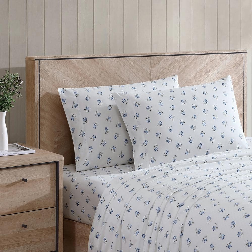 Twin Blue Floral Cotton Percale Deep Pocket Sheet Set