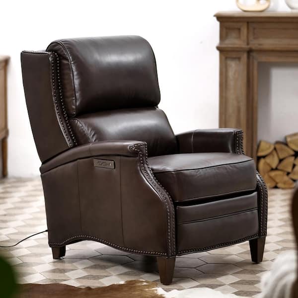 Dual Power Recliner Chair, Brown Leather Nailhead Reclining Sofa
