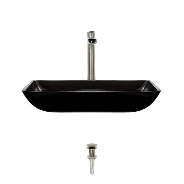 MR Direct Glass Vessel Sink in Black with 731 Faucet and Pop-Up Drain in Brushed Nickel
