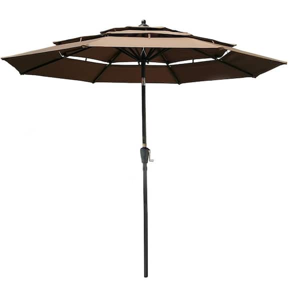 maocao hoom 9 ft. 3 Tiers Market Round Outdoor Patio Umbrella with Push Button Tilt and Crank in Chocolate