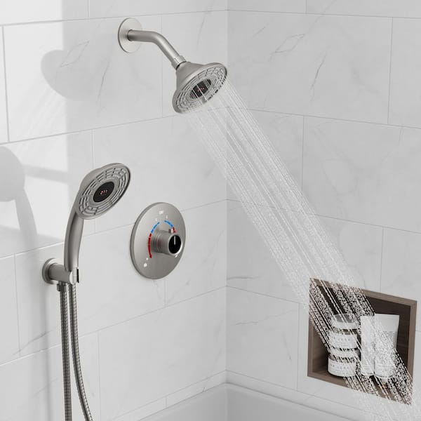YAWWALK 2-Spray 5 in. Digital Display Dual Shower Head Wall Mount Handheld Shower Head in Brushed Nickel (Valve Included)
