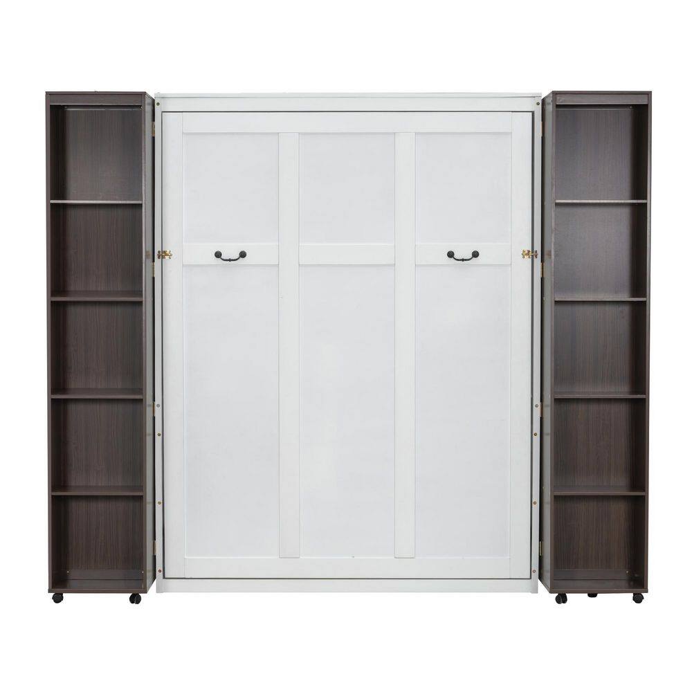 White Wood Frame Queen Murphy Bed Wall Bed with Push-Pull Foldable Storage Cabinets - thumbnail 7