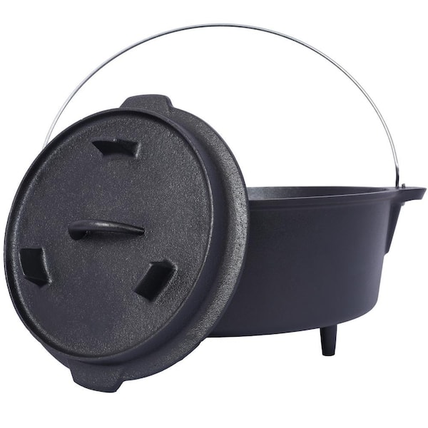 6 qt. Round Pre-Seasoned Cast Iron Dutch Oven in Black with Skillet Lid and Leg Base for Camping Fireplace Cooking BBQ