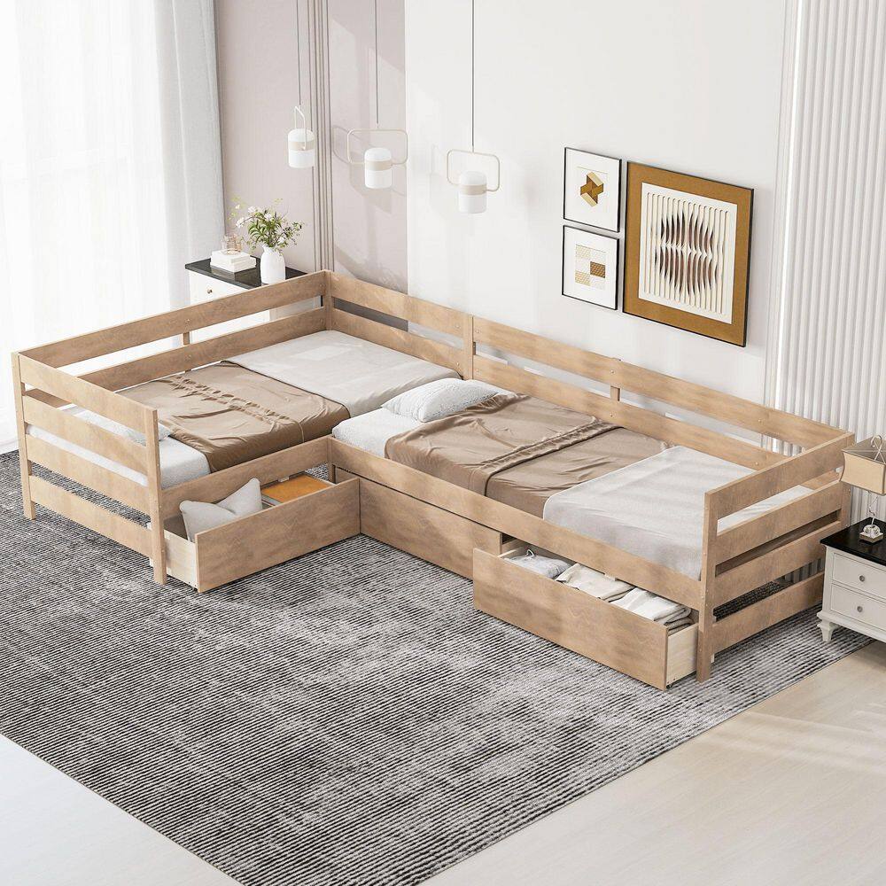 Natural Brown Wood Frame Twin Size L-shaped Platform Bed with Storage Drawers price history on PriceWatchPro