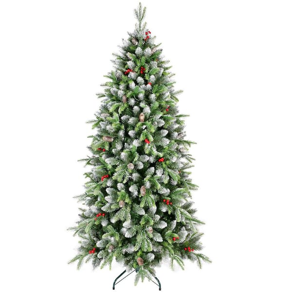 6 ft. Artificial Tree with 380 Warm White LED Lights, 264 Tips, Red Berries, Natural Pinecones for Outdoor