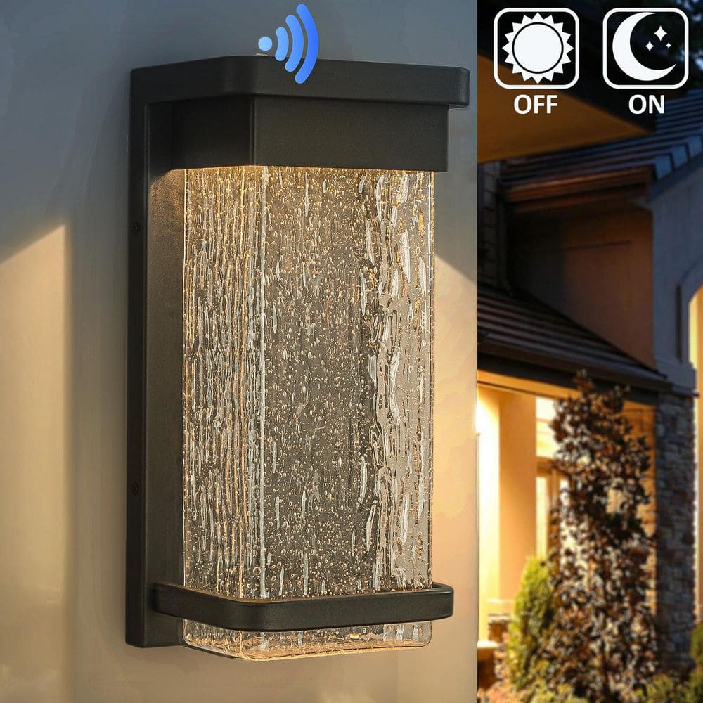 1-Light H12 in. Modern Matte Black Seeded Glass 12W Integrated LED Outdoor 